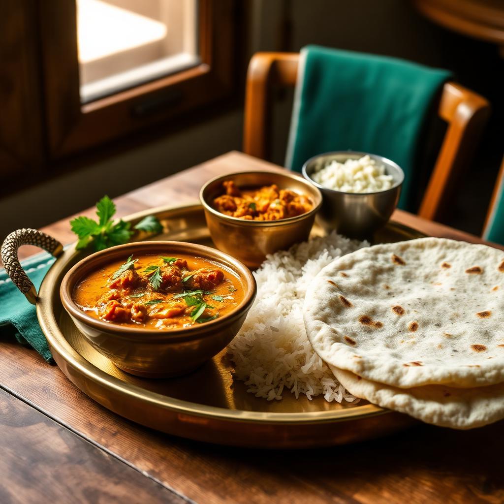 Home-style vegetarian meal with kadhi, rice and tawa roti from Sunita's Kitchen Beawar