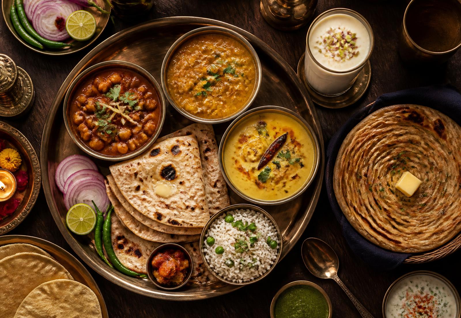 Homestyle pure veg dal, kadhi pakoda, butter rotis, laccha paratha and sweet lassi