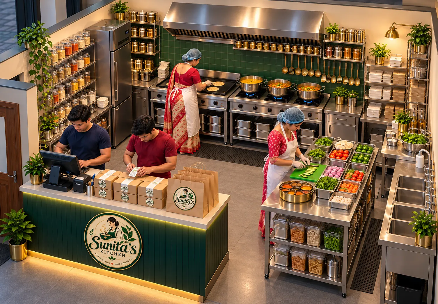 Inside Sunita's Kitchen: dispatch desk, tawa, curry station, masala prep station and packing desk